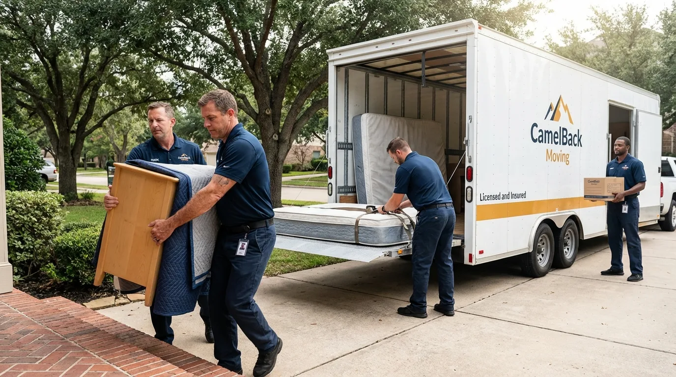 Crew loading residential truck for cross-state move from Eaton, IN