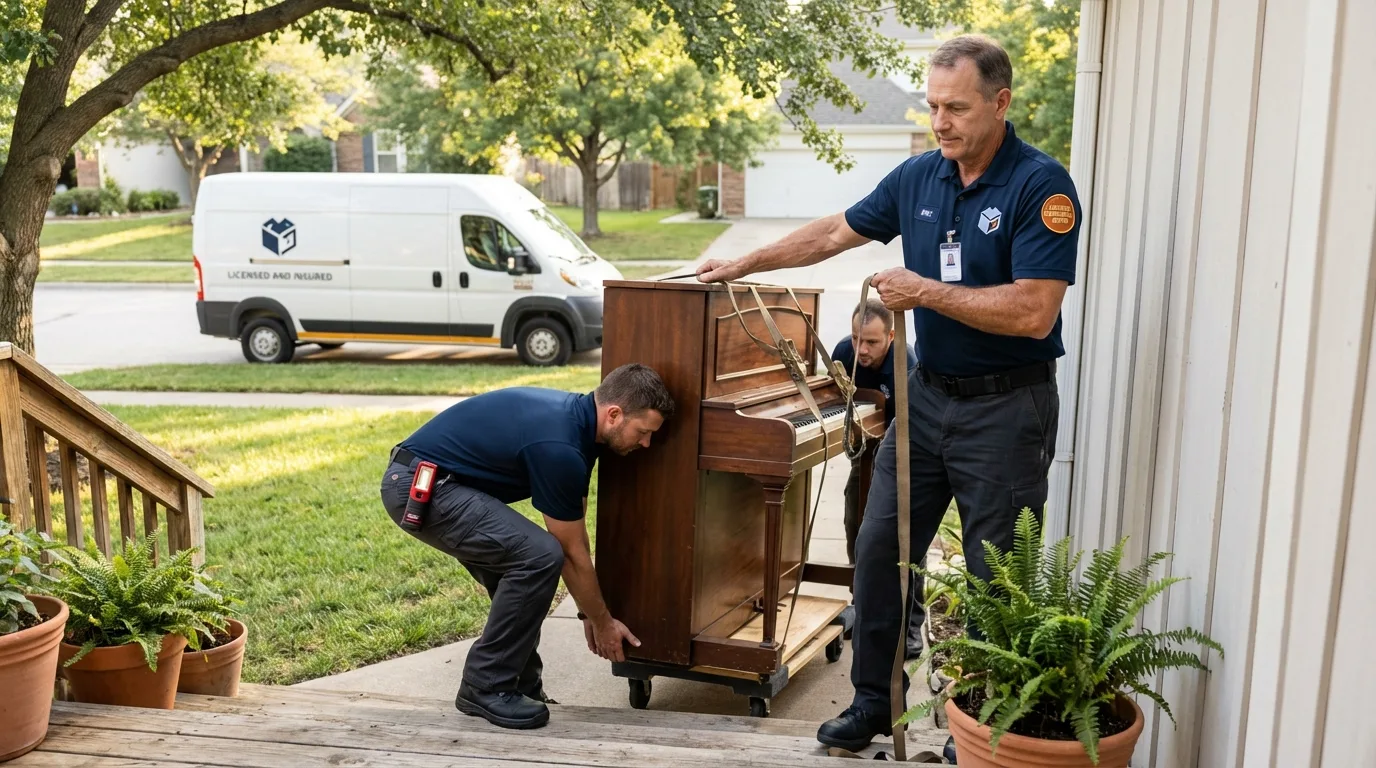 Licensed piano movers securing grand piano in Eaton, IN