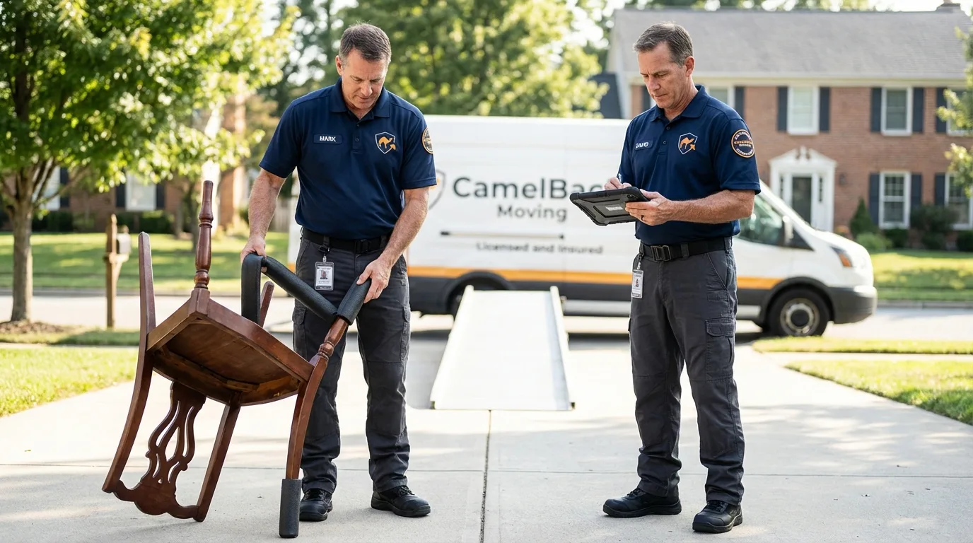 Movers inspecting furniture for damage prevention before loading in Eaton, IN