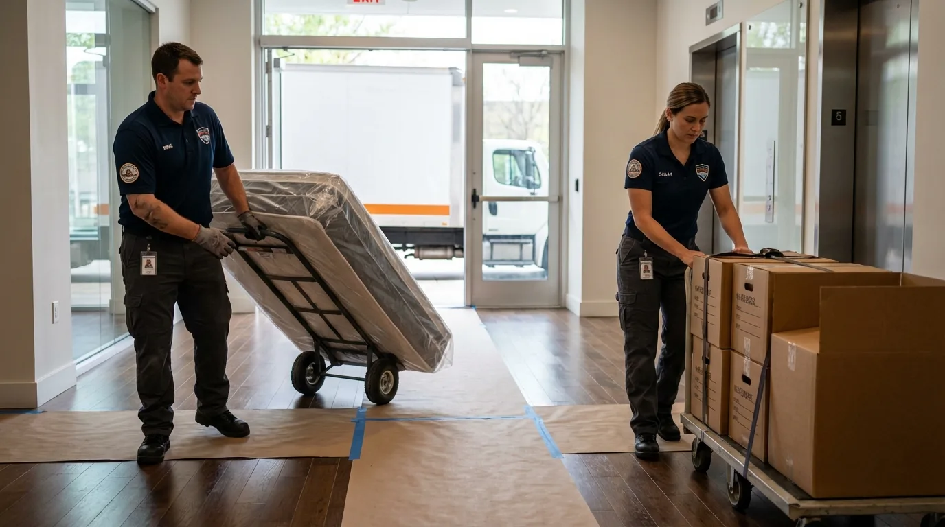 Professional apartment movers loading elevator in Eaton, IN