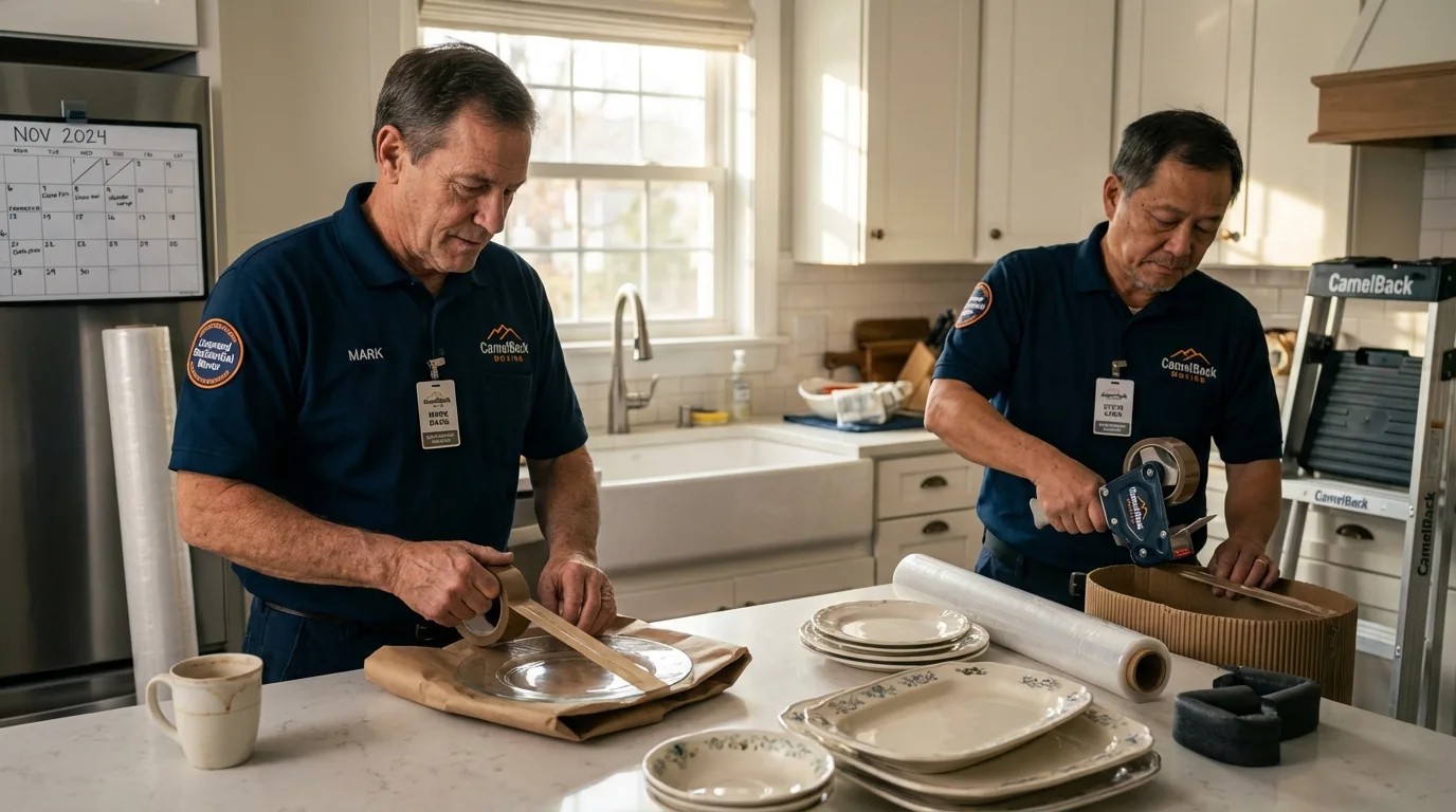 Professional crew packing kitchen dishware in Eaton, IN